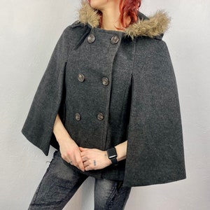 Gray cape jacket vintage handmade tailored, grey hooded fur , classic sleeveless coat, feminine overcoat, size XS-M