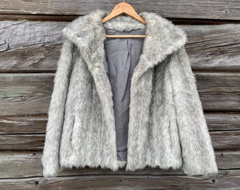 Vintage Cropped Faux Fur Jacket, Wide Lapel Collar, Made in UK, Size 10