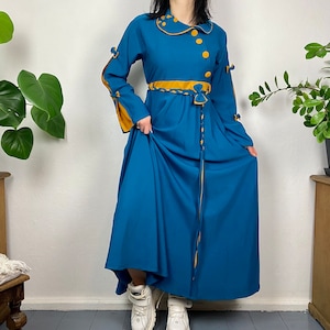 Turquoise blue maxi dress medieval style, handmade flare bow design, romantic renaissance inspo long dress, size M