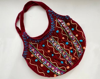 Boho Embroidered Pom Pom Bag: Y2K Hippie Purse, Made in India