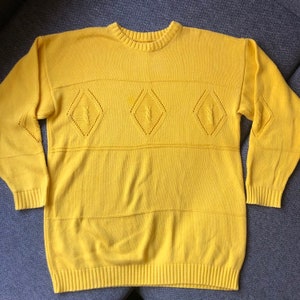 Vintage yellow knitted pullover jumper, bright sunny jumper, geometric pattern, size S-M
