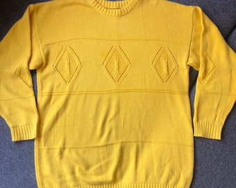 Vintage yellow knitted pullover jumper, bright sunny jumper, geometric pattern, size S-M
