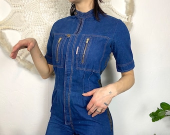 Vintage 70s Denim Jumpsuit: Handmade Fitted Coverall, XS