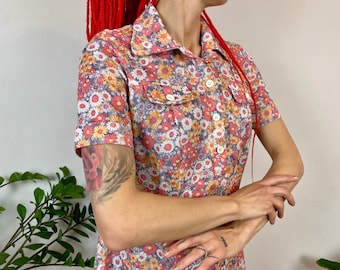 Floral colourful shirtdress from , hippie boho flower print button shirt Dress, Floral short sleeve dress, 70s style dress, size M