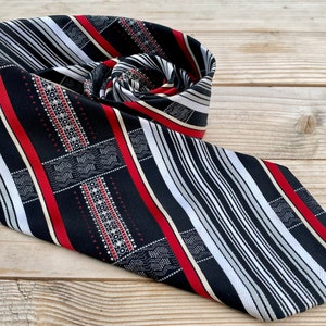 Vintage striped necktie from PIERRE HENRI England, red white black diognal lace tie