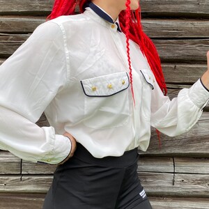 Blue lined white blouse with golden buttons, double collared blue, women’s glamour button shirt, gold buttons, button shirt , size 38, M