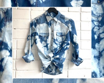 ReStyled Denim Shirt, Tie Dye Jean Button blouse, Bleached pattern, Wearable art, Unique denim, Bold blouse, Street style, Size S