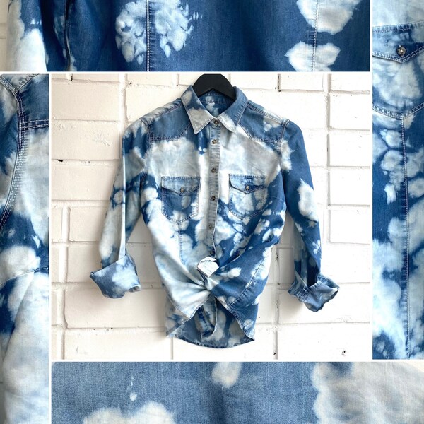 ReStyled Denim Shirt, Tie Dye Jean Button blouse, Bleached pattern, Wearable art, Unique denim, Bold blouse, Street style, Size S