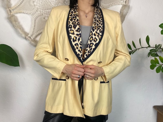 Vintage yellow blazer jacket with animal print li… - image 1