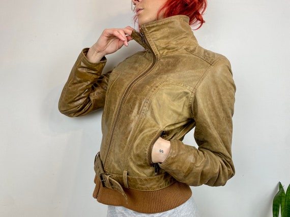 Vintage 00s Brown Leather Bomber Jacket With Turtleneck - Etsy