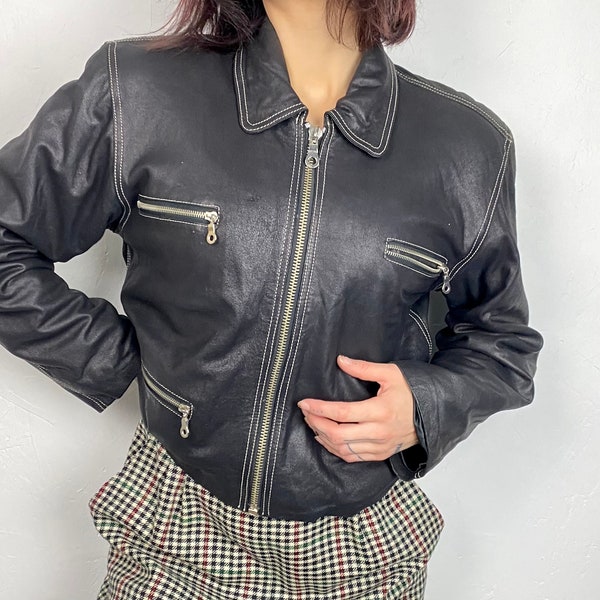 Blouson en cuir noir de LOST BOYS, blouson aviateur vintage, style urbain des années 90, taille basse, veste pilote, veste pour femme, taille 40