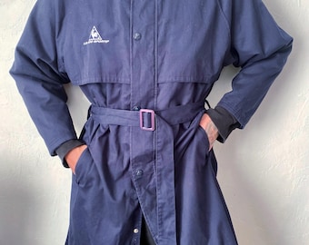 Vintage Le Coq Sportif Trenchcoat : Herren Navy Blue Cotton Duster, XL