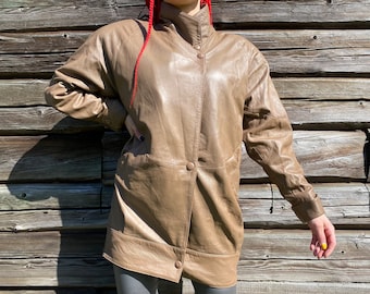 Vintage leren jas jaren 80: oversized ballonpasvorm, maat S