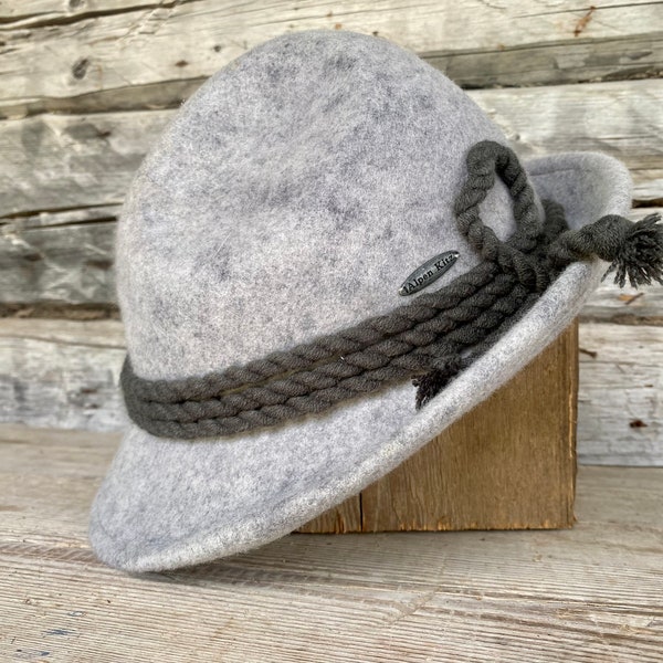 Gray wool fedora hat from ALPEN KITZ Austria, water resistant grey and green braid detailing mens headwear, size 58