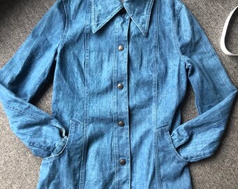 60s Lee Cooper jacket, Denim top, pointy collar, Denim Shirt, retro Jean, hippie, boho, size S