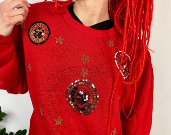 Vintage embellished sweater, 80’s red jumper, warm pullover beaded embroidery, retro sweater, lambs wool, angora, size L