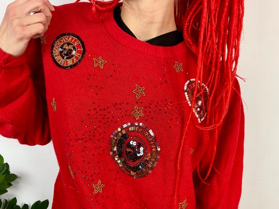 Vintage embellished sweater, 80’s red jumper, war… - image 1