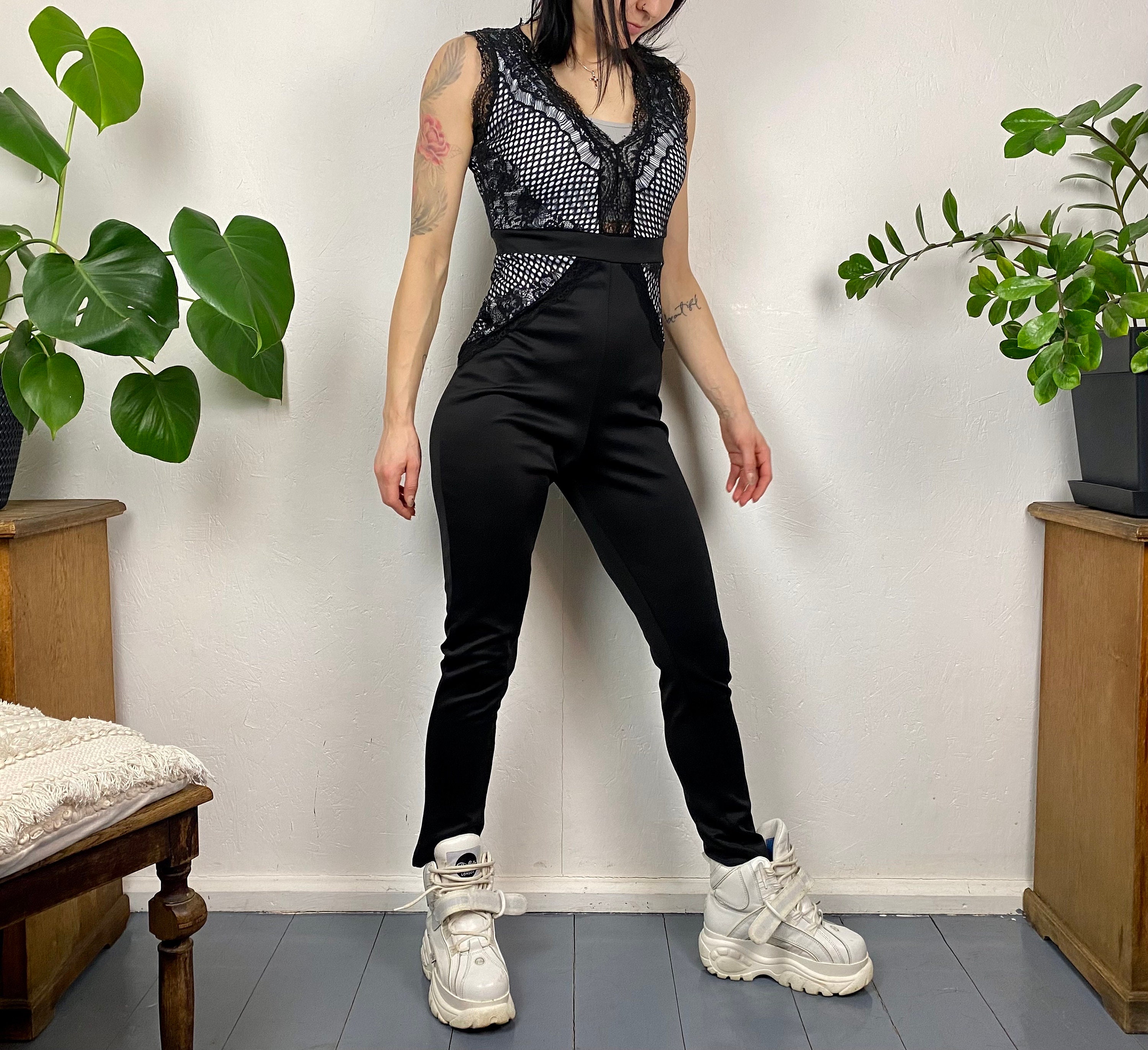 Black Lace Jumpsuit: Sleeveless Bodycon Onesie (Size S/M)