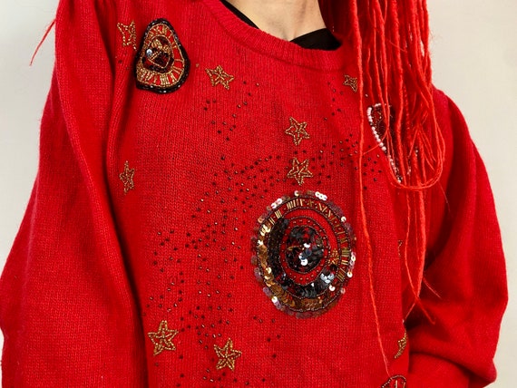 Vintage embellished sweater, 80’s red jumper, war… - image 3