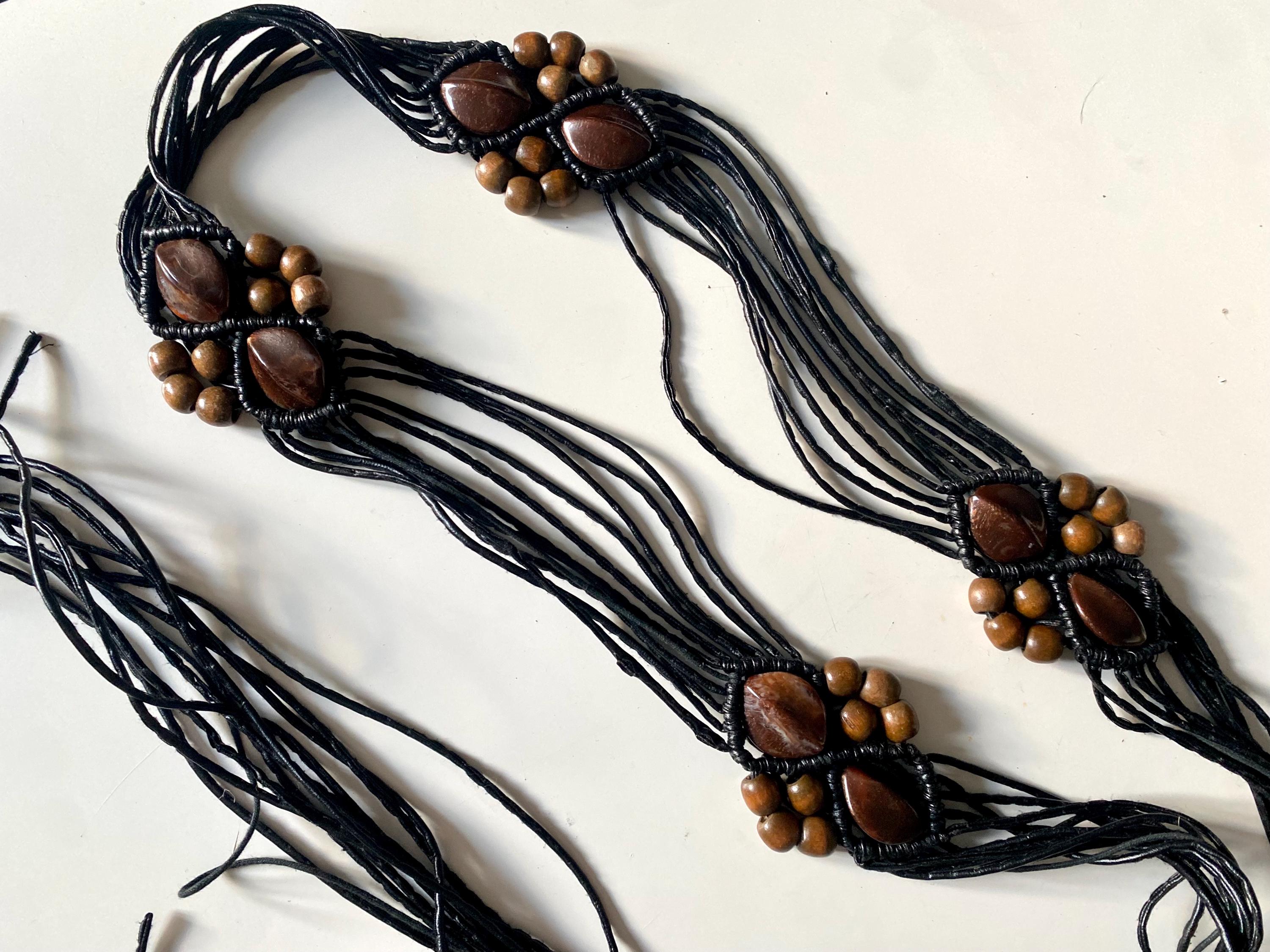 Beaded Boho Belt: Black String Tassel, Wooden Beads, Stone  display picture 3