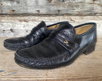 Mens loafers, Black Leather Round Moc Toe Casual Comfort Shoes, size 7