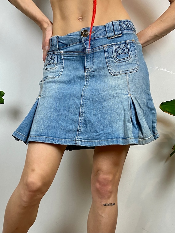 90年代ヴィンテージデニムミニスカート：プリーツライトブルースカート