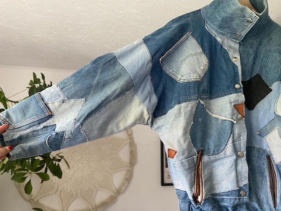Handmade Patchwork Denim Bomber Jacket: Upcycled … - image 7