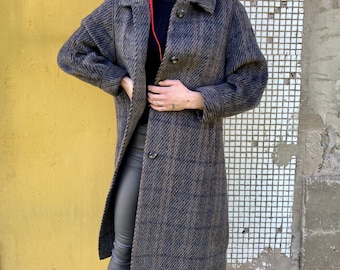 Manteau vintage check des années 70, gris marron, mohair et pure laine vierge, Taille 40