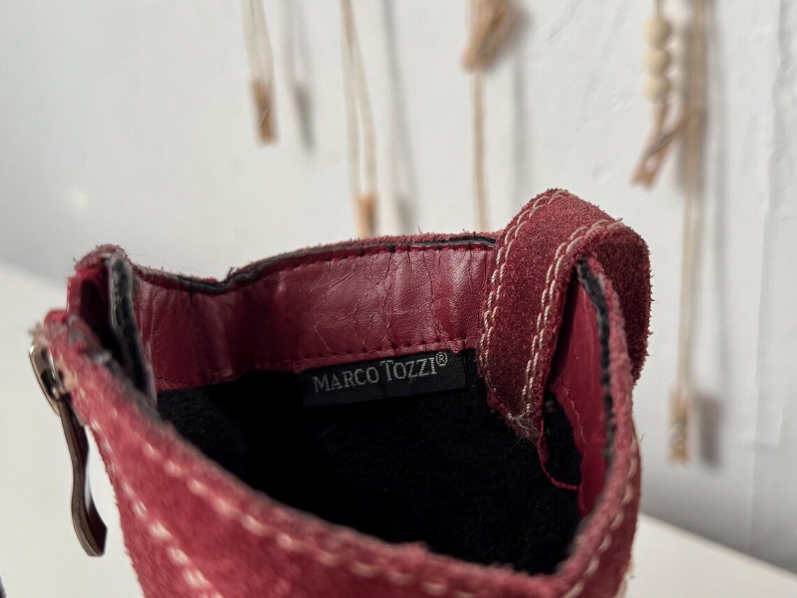 Burgundy ankle boots, woman’s suede leather slouchy shoes, size 38, foto 3 di 5