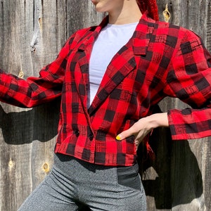 Punk check blazer double-breasted 1980s from JOSHA model,  red black plaid pattern, padded Statement shoulder , size 38, M