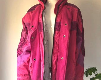 Vintage 80s DESCENTE Pink Purple Green Colour Block KITSCH Bomber