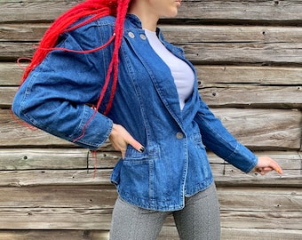 Jaqueta jeans vintage Schneiders: ombro marcante, tamanho US12