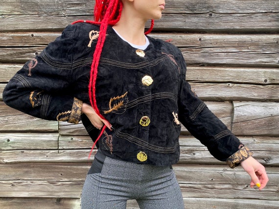 Vintage Suede Leather Blazer: 80s Leaf Pattern Reversible Jacket