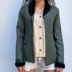 Black fur collared vintage Blazer Jacket, from TzI Finland 80s design, vintage green, light green jacket, North design. Size 36, uk10