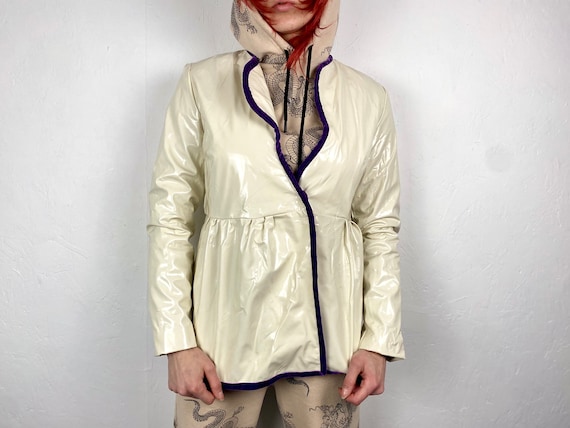 Vintage White rainwear Bomber Jacket: Purple Trim, Petite XS/S