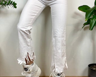 White fringe Jeans, distressed white denim pants , festival sexy bottoms, made in ITALY, size L