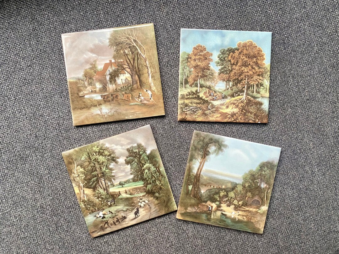 Vintage J C Van Hunnik Tile Art: Dutch Countryside Painting (15x15