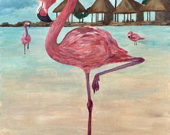 Pink Flamingo Acrylic Painting: Sunset Bird Wall Art (30x40 cm)