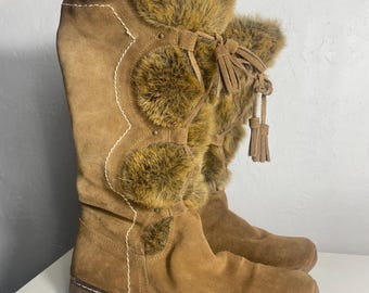Vintage Wildleder Quaste Stiefel, Kunstpelzbesatz, Größe 39