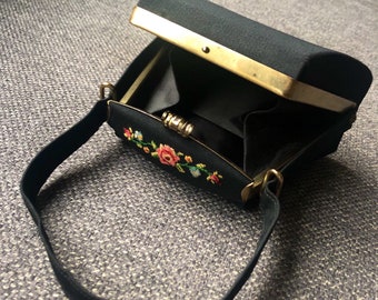 1940’s Handbag WWII Era, Evening bag, petit English Retro Women’s Mini Black Beautybag, embroidered clutch bag, top handle bag