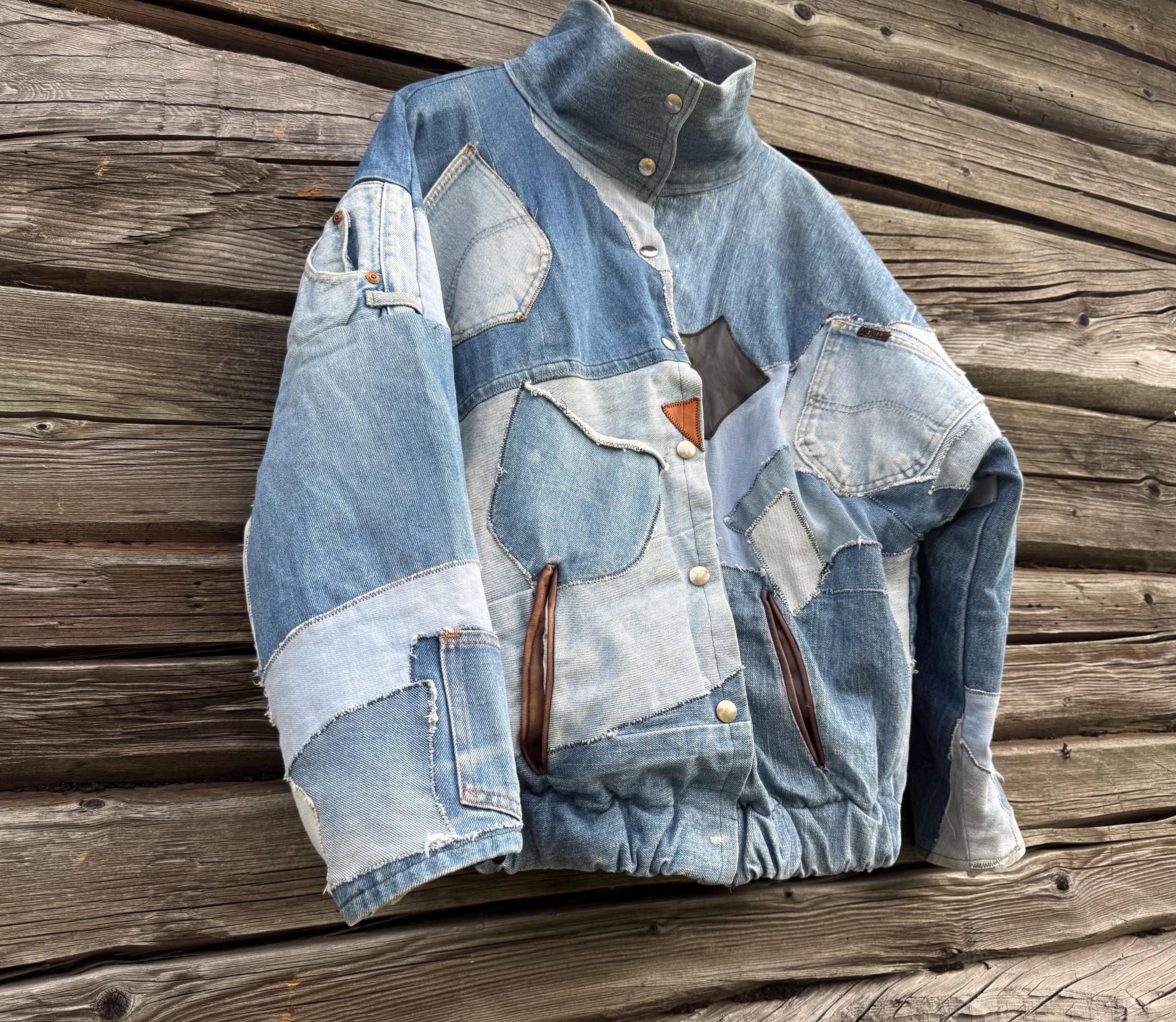 Patchwork Bomber Jacket: Upcycled Denim Levis Wearable Art, Size