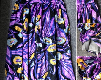 Vintage velvet Midi skirt  80’s  colourful, Purple, Wearable Art, Bold, Disco style, size M, I42, F40, D38, UK12