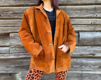 Vintage Suede Leather Jacket: 90s Brown Duster, Size L