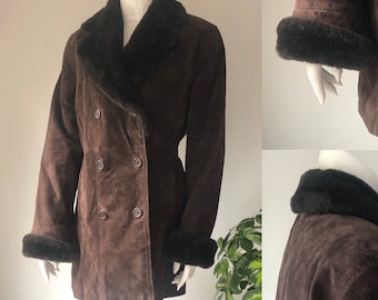 Vintage women’s leather coat, winter parka, brown sherpa, shearling boho coat, dark brown, vegan fur, size uk 14