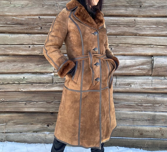 Manteau en peau de mouton retournee marron cuir veritable extremement chaud fourrure de sherpa manteau froid manteau d hiver pour femme climat arctique taille S Etsy Canada
