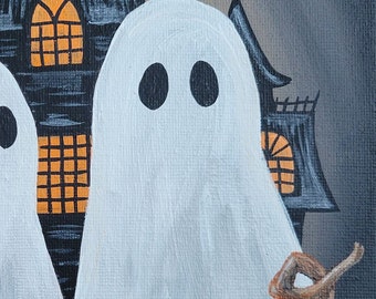 May include: A Halloween painting showing two white ghosts with black eyes in front of a black haunted house with orange windows. An orange pumpkin is in the foreground, creating a spooky scene.