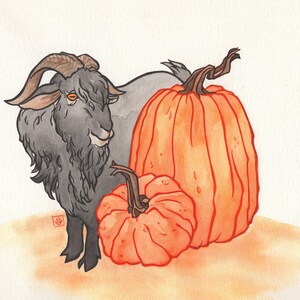 May include: Watercolor illustration of a black goat with large horns standing next to two orange pumpkins. The pumpkins have brown stems. The goat has a gray body and a light brown background.