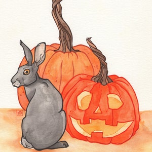 May include: A watercolour painting of a grey rabbit sitting next to two pumpkins. One pumpkin is orange and the other is orange with a carved jack-o'-lantern face.