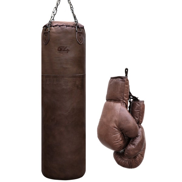 G4 Vision Antique Leather Cowhide Punch Bag Vintage Punching Bag with Boxing Gloves Punchbag Heavy Bags MMA 4ft