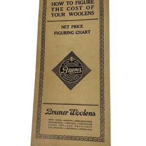 Vintage Bruner Woolens Net Price Figuring Chart with Telegraphing Instructions